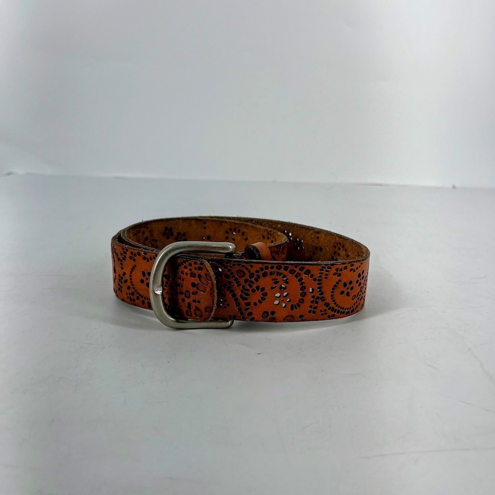Fossil Leatherβ Laser Cut Floral Filigree Belt Silver Buckle Boho Western Size S